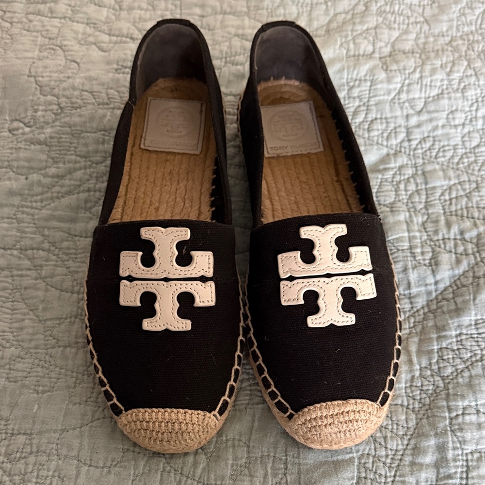 Tory Burch Black Canvas Espadrille Flats with White Logo - Picture 3 of 6